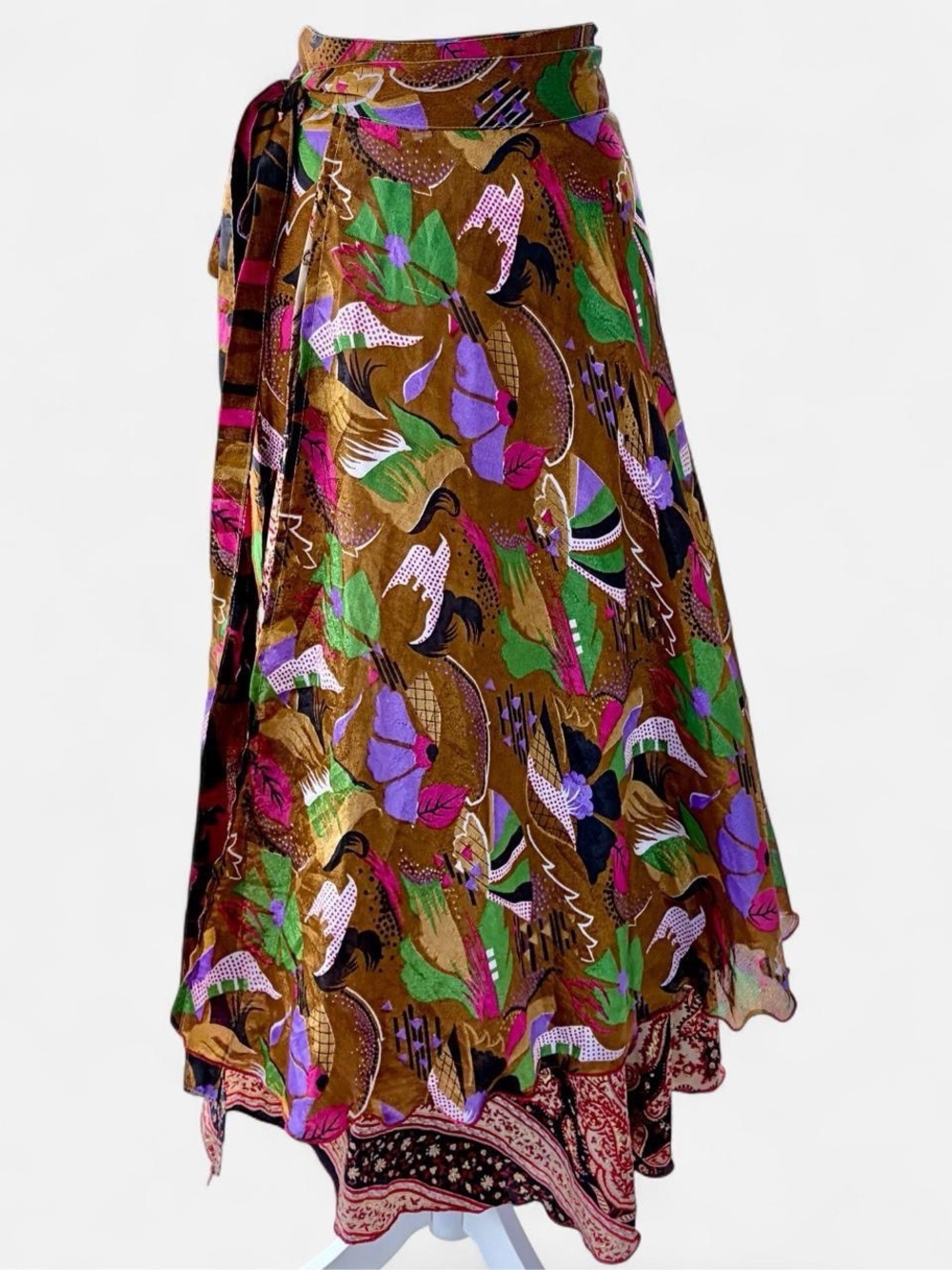WEVEZ Silk Blend Boho Wrap Midi Skirt